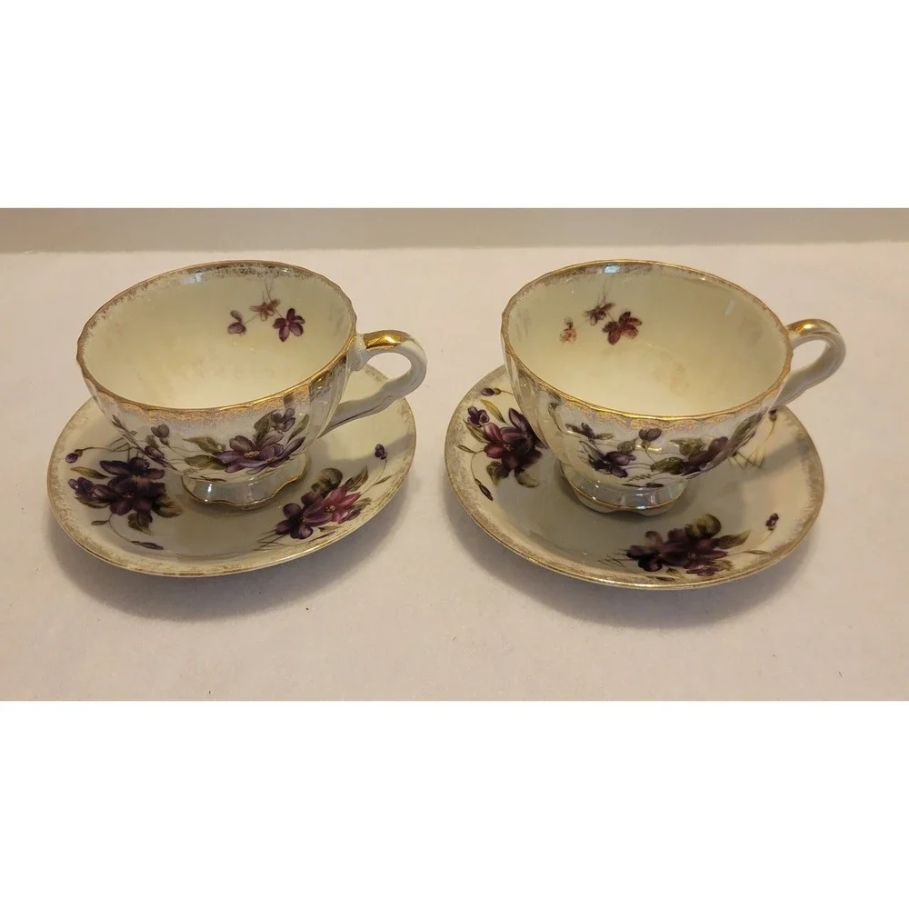 Vtg‎ Lusterware Tea Cup Saucer Set Purple Floral Gold Trim Porcelain Japan 2pc
